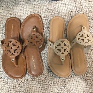 Brown and tan thong sandals.